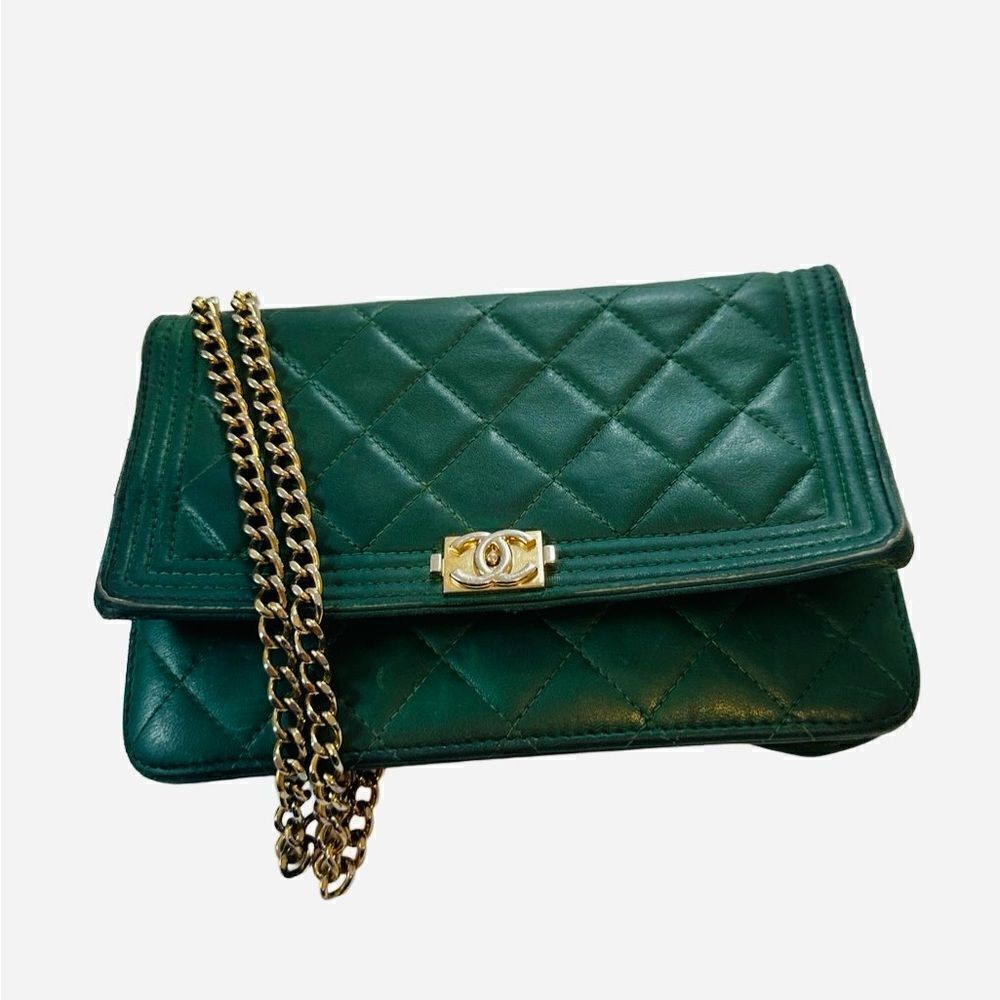 Chanel Green Boy Gold Logo Mini Bag With Gold Strap